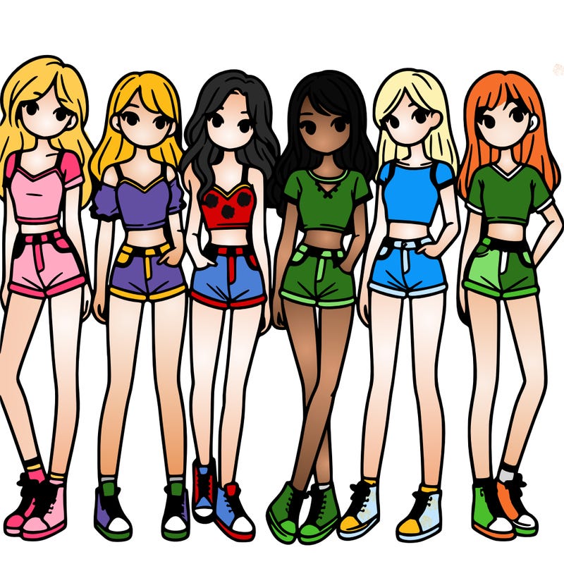 a group of girls wearing crop tops and shorts