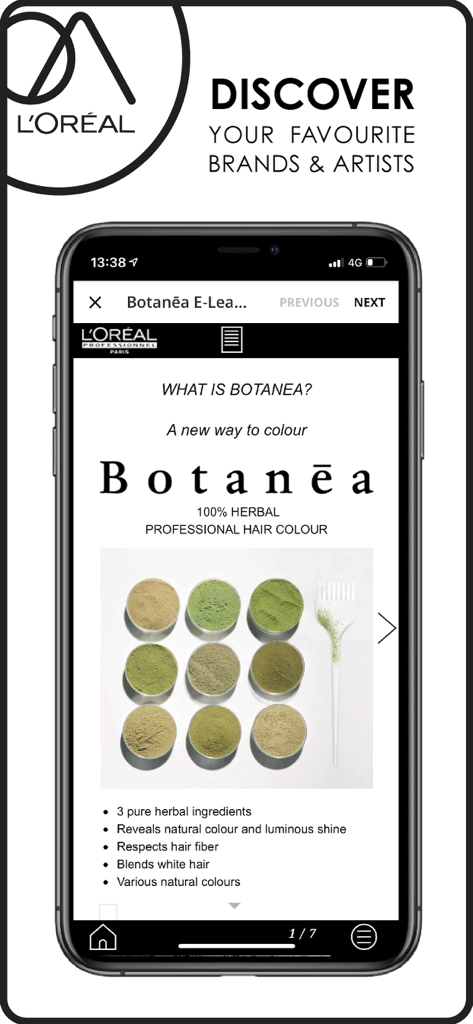 Tela do aplicativo LOreal Access mostrando educação profissional sobre coloração para cabelos Botanea