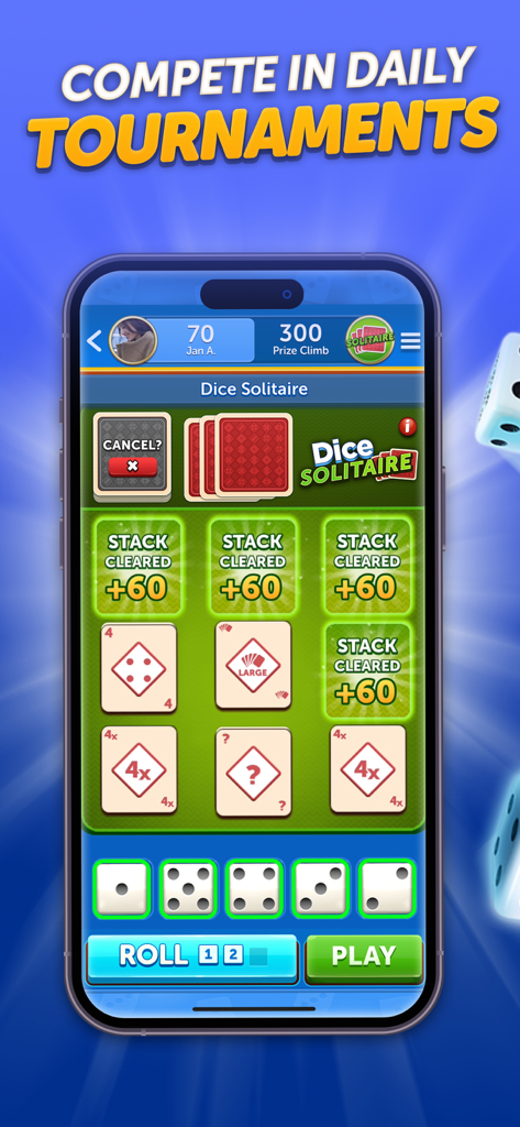 A gameplay screenshot of the Dice Solitaire tournament mode in the Dice With Buddies mobile app.