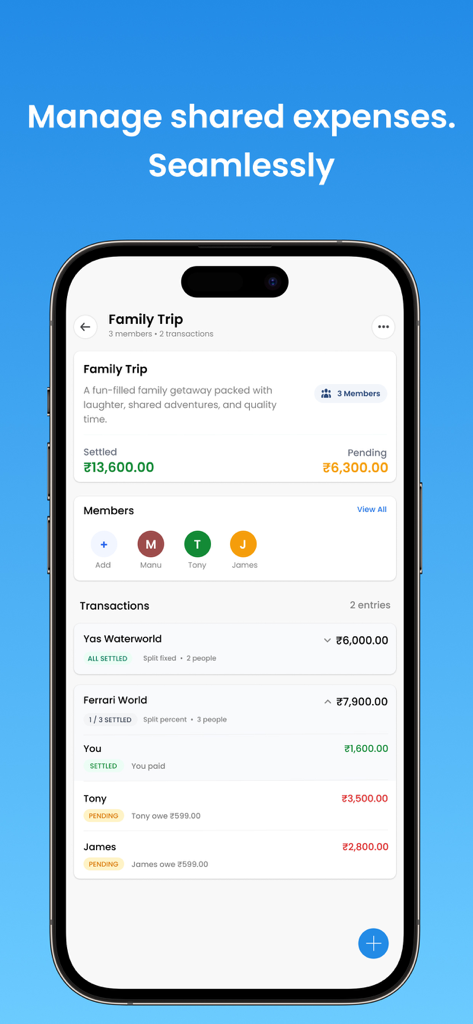 Nexpenz: Smart Money Manager - Interfaz de la aplicación móvil Nexpenz que muestra la división de gastos grupales para un viaje familiar.