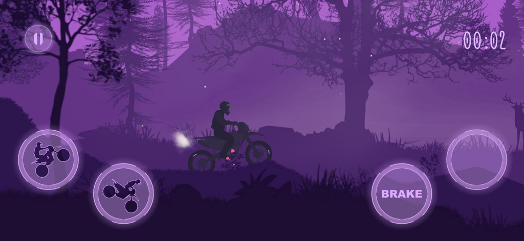 Gravity Trip - Un piloto de trial en moto navegando por una pista montañosa en un misterioso bosque silueteado de color púrpura.