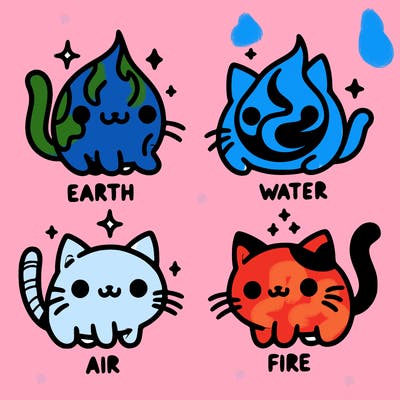 4 cats that represent the different elements, earth, water, air, and fire
