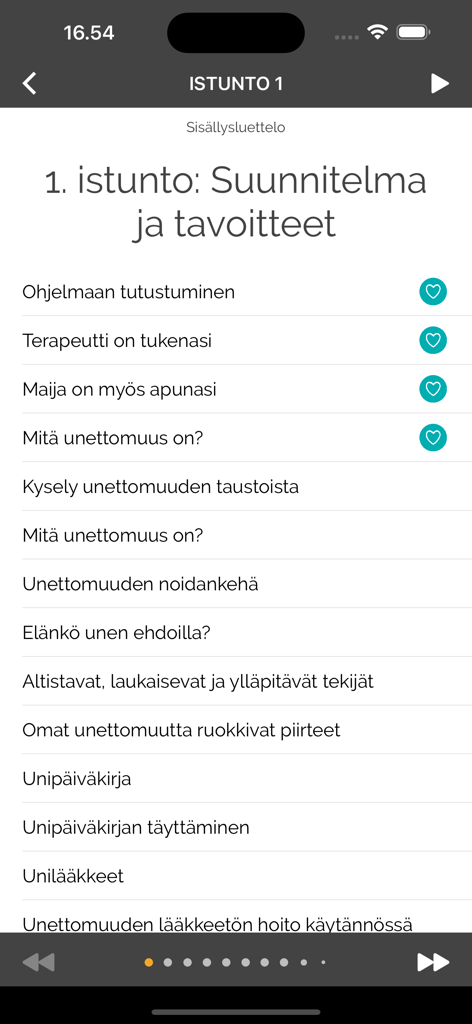 Nettiterapiat - Pantalla de la aplicación Nettiterapiat que muestra la lista de temas para la Sesión 1 centrada en la planificación y los objetivos para la terapia de insomnio.