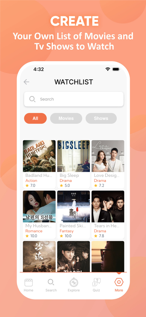 DramaCool: Kdrama Movie & Show - DramaCool 앱 시청 목록 화면에 영화 및 TV 쇼 포스터 표시