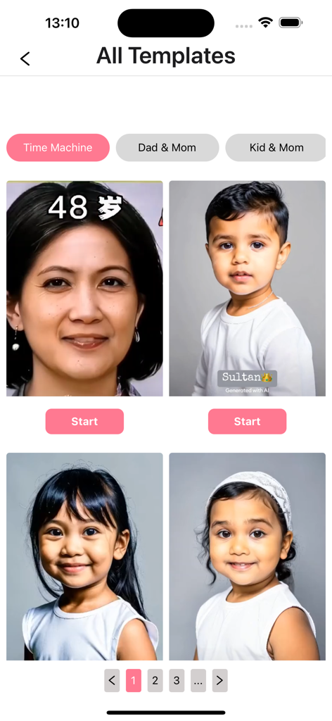 Watch Me Grow Baby Generator - Interface of the Watch Me Grow app showing various AI templates for future baby generation and aging effects