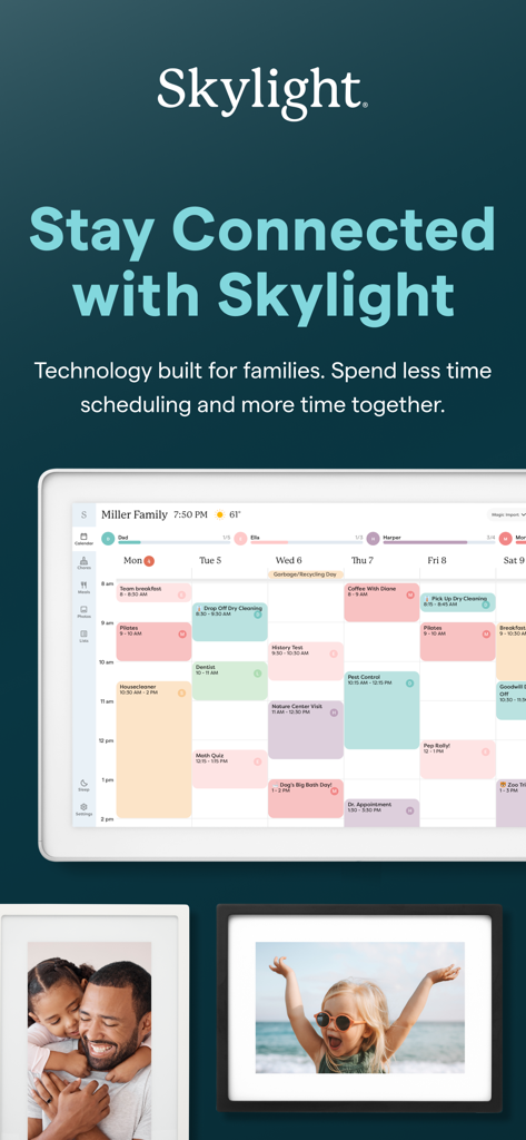 La interfaz de la App Skylight que muestra un calendario familiar compartido y marcos de fotos digitales que muestran recuerdos familiares.