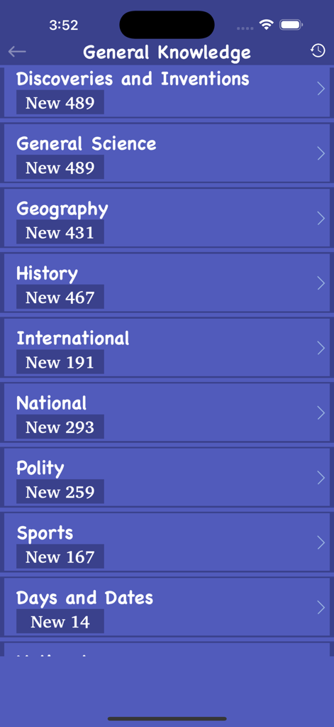World General Knowledge - GK - Interfaz de la aplicación World General Knowledge mostrando una lista de temas de estudio que incluyen Historia, Geografía y Ciencia.