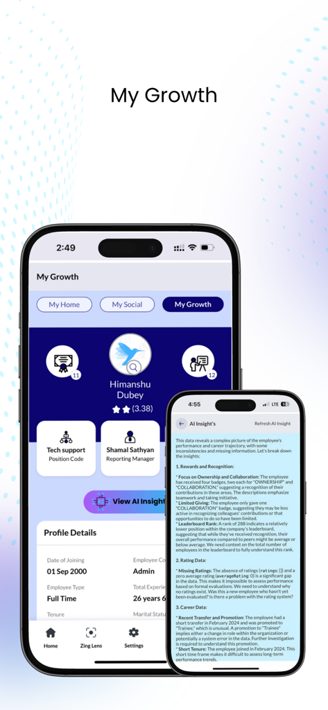 Mobiles Dashboard der ZingHR-App, das den Abschnitt "My Growth" mit KI-Einblicken und Mitarbeiterleistungsverfolgung anzeigt