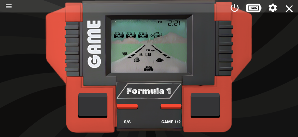 Mini Games Retro 90's - Recréation numérique d'une console portable rouge style années 90 jouant un jeu de course de Formule 1 avec un écran de fin de partie.