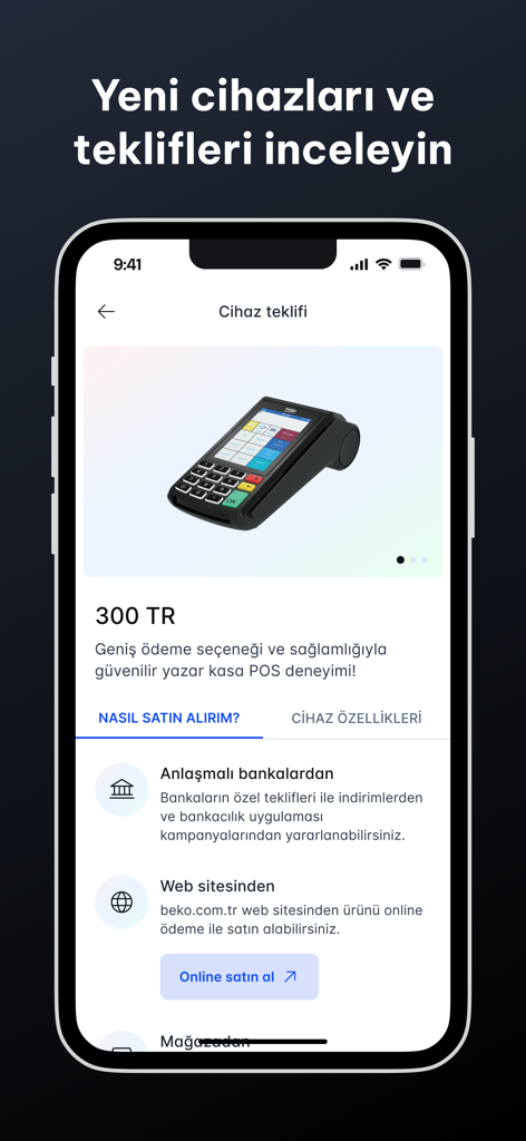 fito - A mobile app screen showing a POS terminal device offer with options to purchase from banks or online