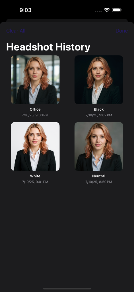A screen displaying a history of AI generated professional headshots with different backgrounds like office and studio settings.
