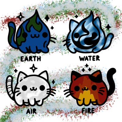 4 cats that represent the different elements, earth, water, air, and fire