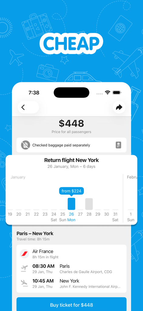 파리발 뉴욕행 항공권과 가격 달력을 보여주는 항공권 및 저가 여행 앱의 예약 인터페이스