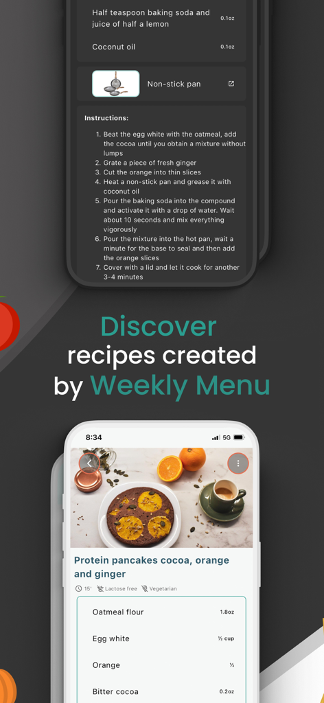 Weekly Menu - Wochenmenü-App-Oberfläche, die ein Proteinpfannkuchenrezept mit Zutaten und Kochanweisungen zeigt