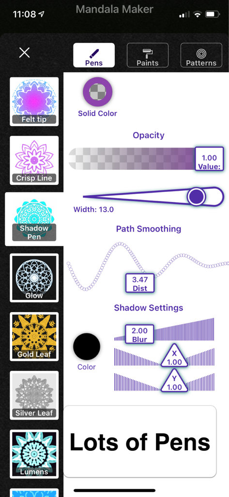 Interface of the Mandala Maker app showing a selection of drawing pens and customization settings like opacity width and path smoothing