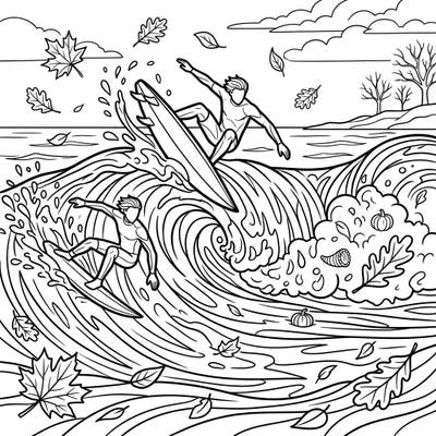 Dive into an exciting autumn adventure with our Shortboard Surfers coloring page, where dynamic riders conquer magnificent waves. This unique scene blends the thrill of surfing with the cozy beauty of fall, making it a perfect creative escape.