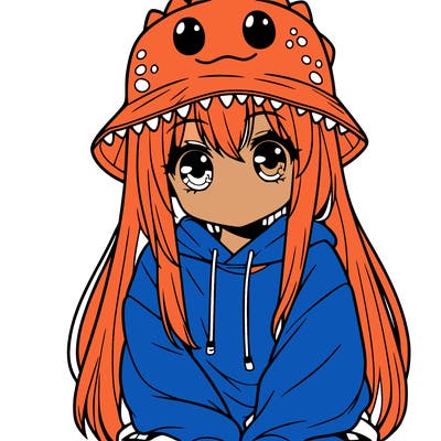 girl with anime shaped eyes with a dinosaur bucket hat oversized sweatshirt long straight hair