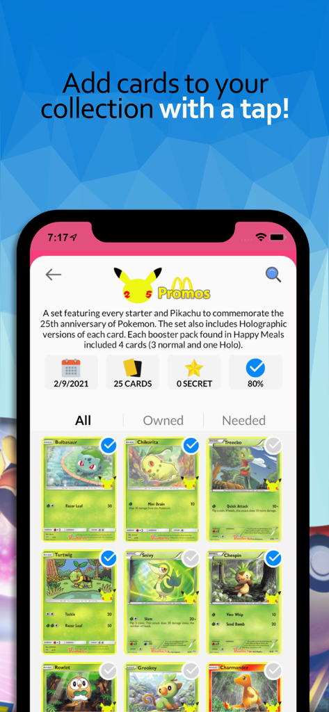 Uma interface de aplicativo móvel exibindo um álbum digital de cartas Pokémon com rastreamento de conclusão e métricas de progresso.
