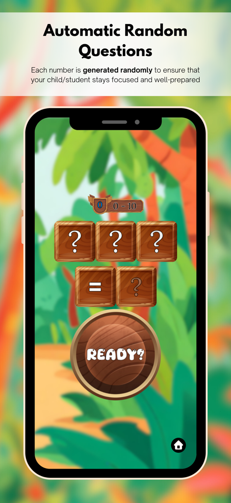 Power Congak app screen showing an interactive math exercise with a vibrant jungle theme and automatic random question generation