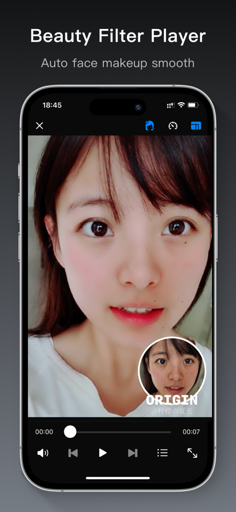 Video Editor Toolbox - Interface do aplicativo Video Editor Toolbox mostrando o recurso de player de filtro de beleza com suavização automática de maquiagem facial