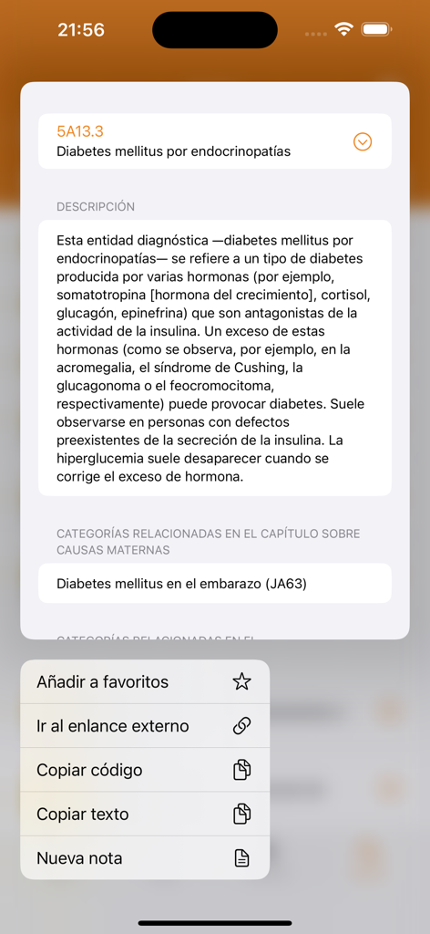 Interfaz de la aplicación CIE-11 que muestra información médica detallada para un diagnóstico de diabetes en español con un menú de acciones.