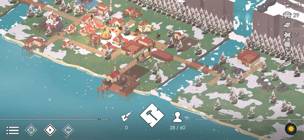 The Bonfire 2 Uncharted Shores - Snowy coastal city management in The Bonfire 2 Uncharted Shores with resource icons and buildings