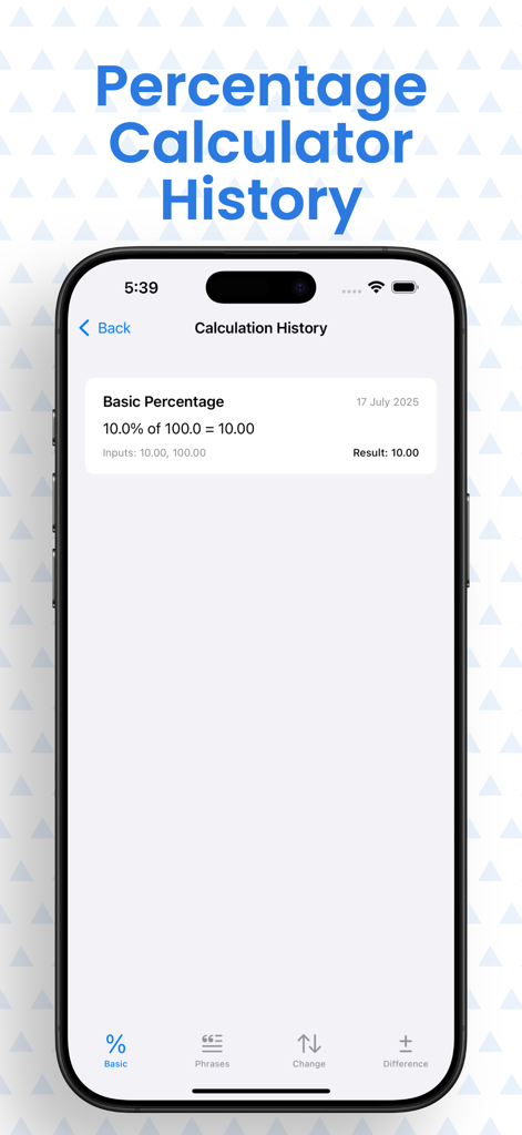 The calculation history screen of the Percentage Calculator Auto app showing a saved basic percentage result on an iPhone