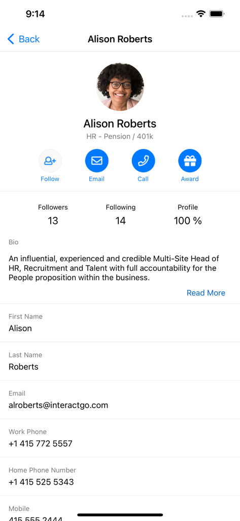 An employee profile page on the Interact intranet app showing contact details and bio