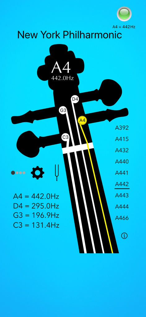 Interfaz de la aplicación Afinador de Viola Básico que muestra las frecuencias de las cuerdas de viola y los ajustes del temperamento A4