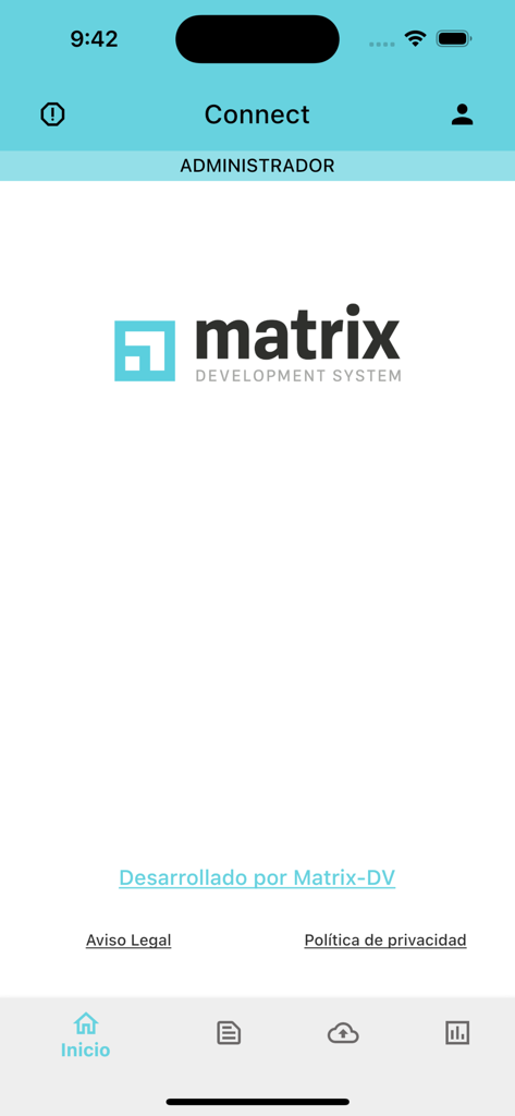 Connect Matrix - Connect Matrix app home screen displaying the Matrix Development System logo and a bottom navigation menu with document and workflow icons