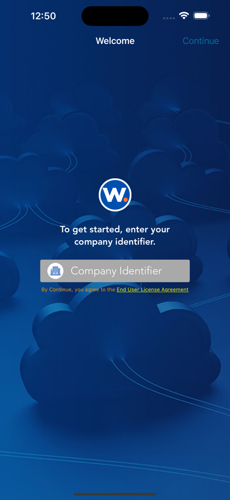 Workspot - Workspot app welcome screen with company identifier login field
