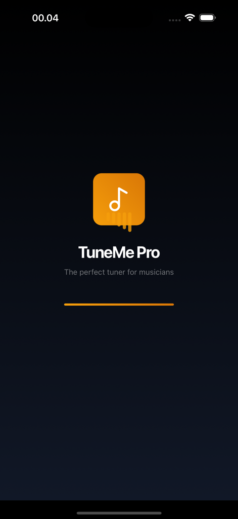 TuneMe Pro - Pantalla de inicio de la aplicación TuneMe Pro con un ícono de nota musical naranja y una barra de progreso