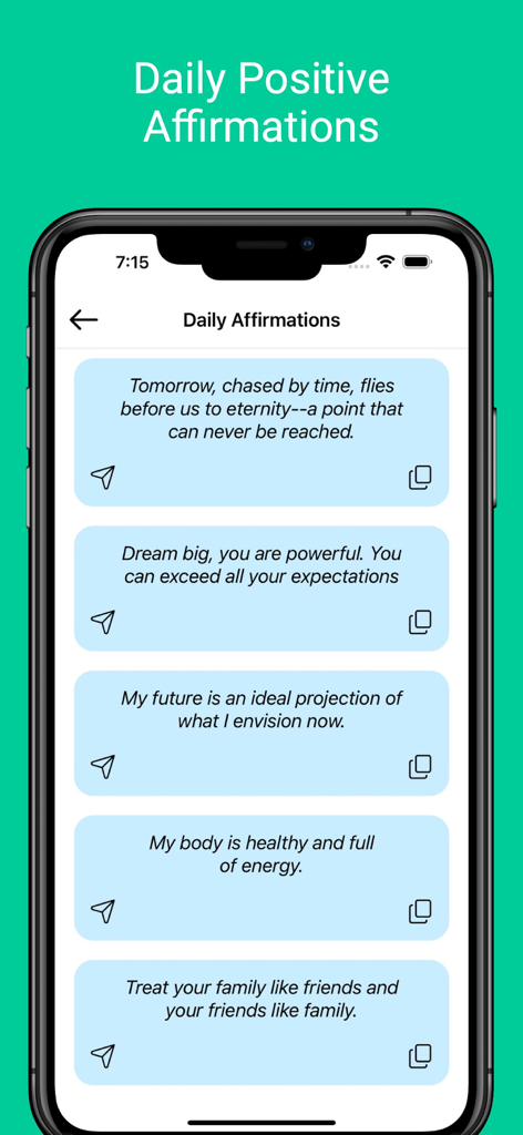 Web Messenger Chat Dual - Mobile screen showing a list of motivational and positive daily affirmations
