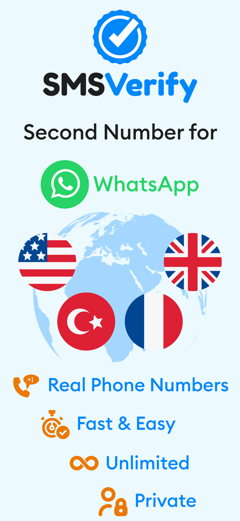 SMSVerify app interface showing second phone numbers for WhatsApp with flags for USA UK Turkey and France