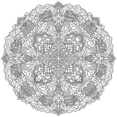 Escape to a world of architectural beauty and serene landscapes with this exquisite Mountain Mansions Mandala coloring page. This intricate design invites you to bring stunning, symmetrical homes nestled in majestic mountains to vibrant life.