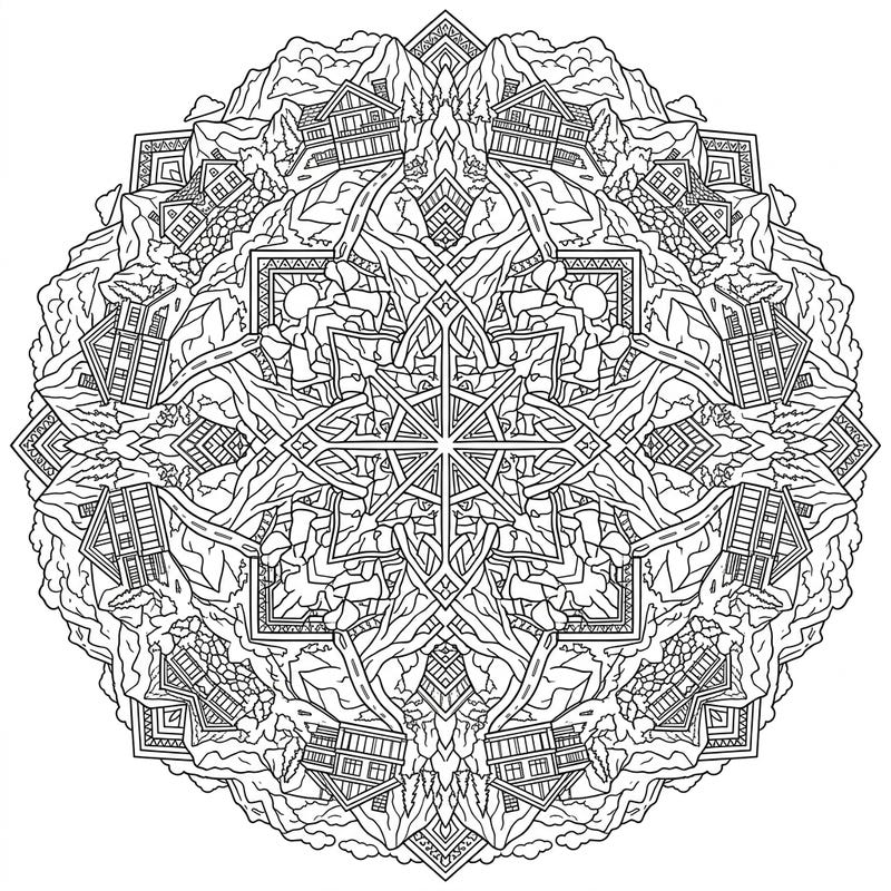 Escape to a world of architectural beauty and serene landscapes with this exquisite Mountain Mansions Mandala coloring page. This intricate design invites you to bring stunning, symmetrical homes nestled in majestic mountains to vibrant life.