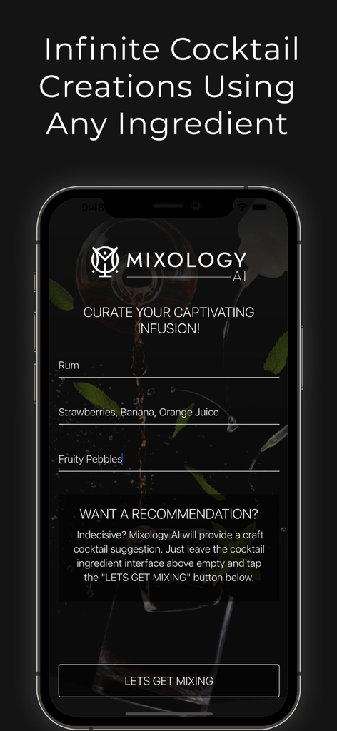 Mixology AI - Pantalla de la aplicación Mixology AI donde los usuarios ingresan ingredientes como ron y fruta para obtener recomendaciones de cócteles personalizados