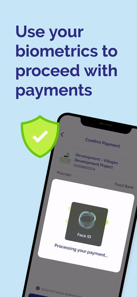 Flash: Mobile Payments & Bills - Flash 앱에서 보안 모바일 결제를 위한 Face ID 인증을 보여주는 스마트폰 화면
