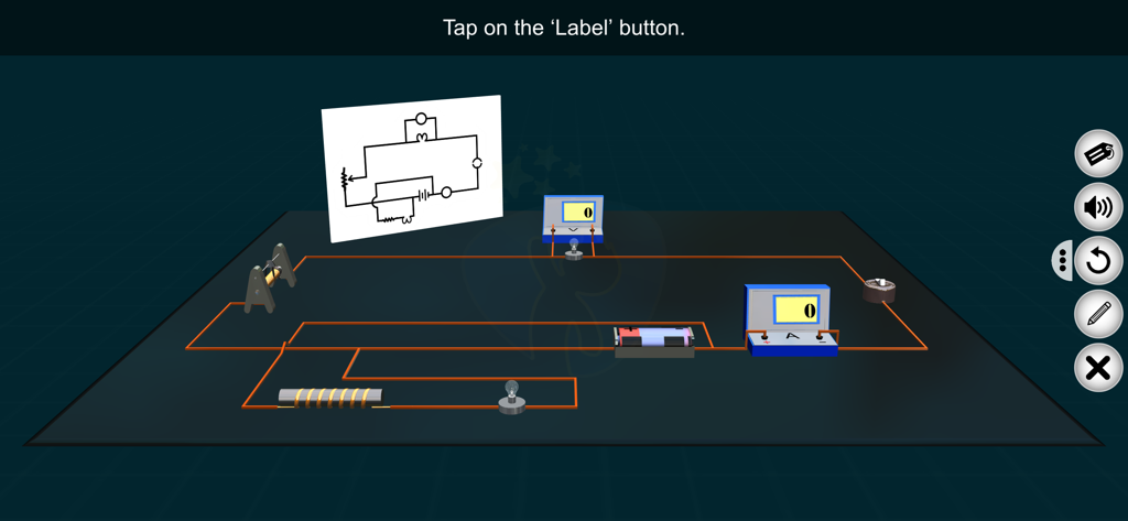 Circuit Diagram – EduTech Era - バッテリーや電球などのコンポーネントと回路図が並んだ、電気回路のインタラクティブな3Dシミュレーション
