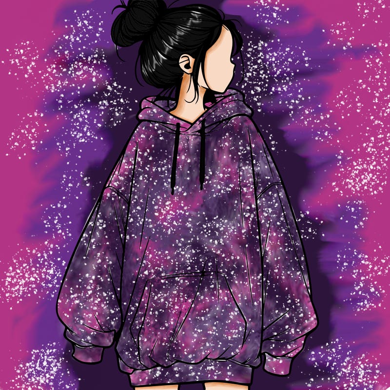 realistic girl with a oversized sweatshirt on and a bun