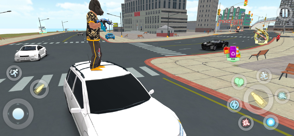 Gangster Vegas Crime Town Game - 白い車の屋根の上に立ち、武器を持ったブルマスクのキャラクターが街の通りにいる