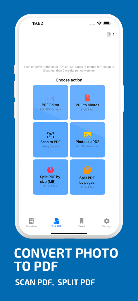 PDF翻訳アプリのインターフェース。PDFエディター、スキャンしてPDFに、PDFを分割する機能を含む複数の文書ツールを表示。