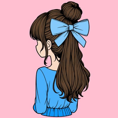 realistic girl  with hip length hair a bun and a big bow on the back of head