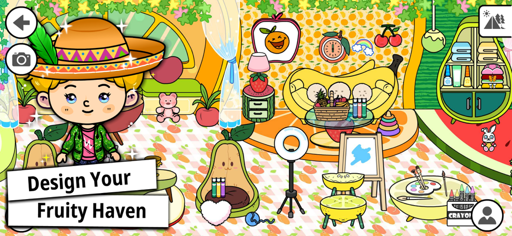 Tizi My Dream Home Design Game - A character stands in a room decorated with fruit-themed furniture including a banana sofa and pear chairs in Tizi My Dream Home Design Game.