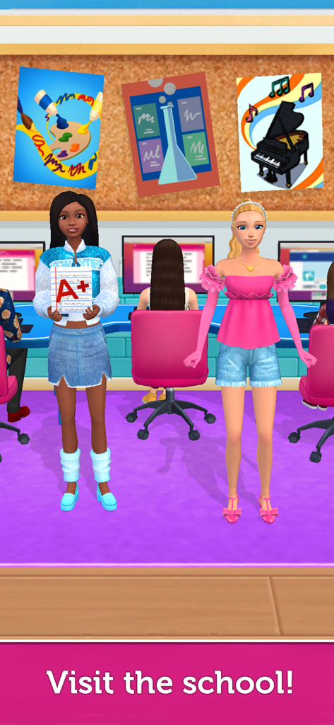 Barbie Dreamhouse Adventures - Barbie e Nikki em um ambiente de sala de aula com computadores e cartazes escolares