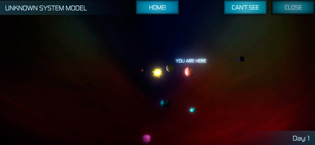 Random Space: Survival - A star system map in Random Space Survival showing multiple planets and the player current location on Day 1