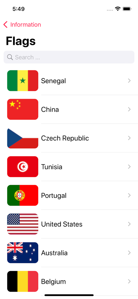 Flags & Countries Quiz! - A list of national flags with country names in the Flags and Countries Quiz app