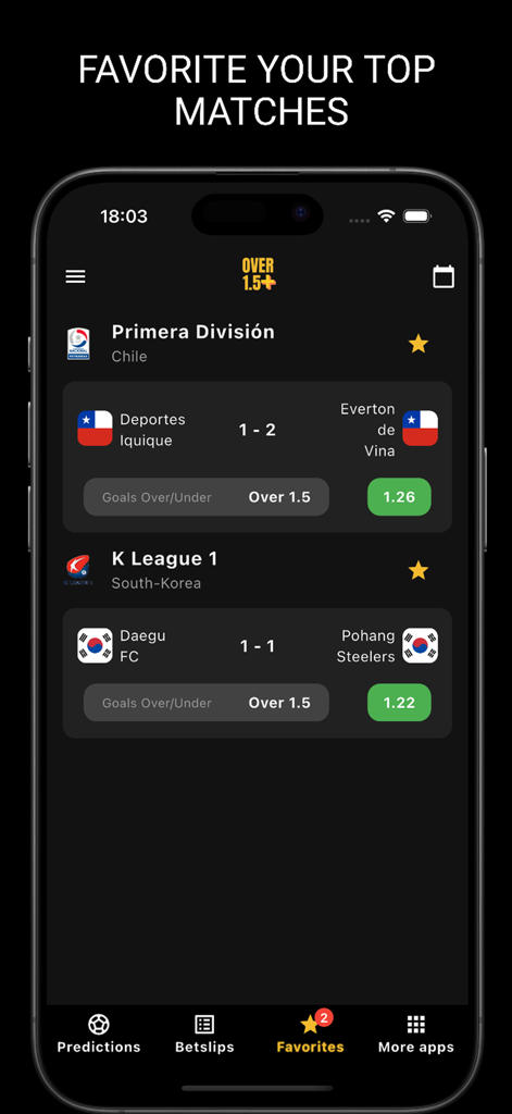 Over 1.5+ Daily Betting Tips - 축구 경기 예측을 보여주는 1.5골 이상 베팅 팁 앱의 즐겨찾기 화면