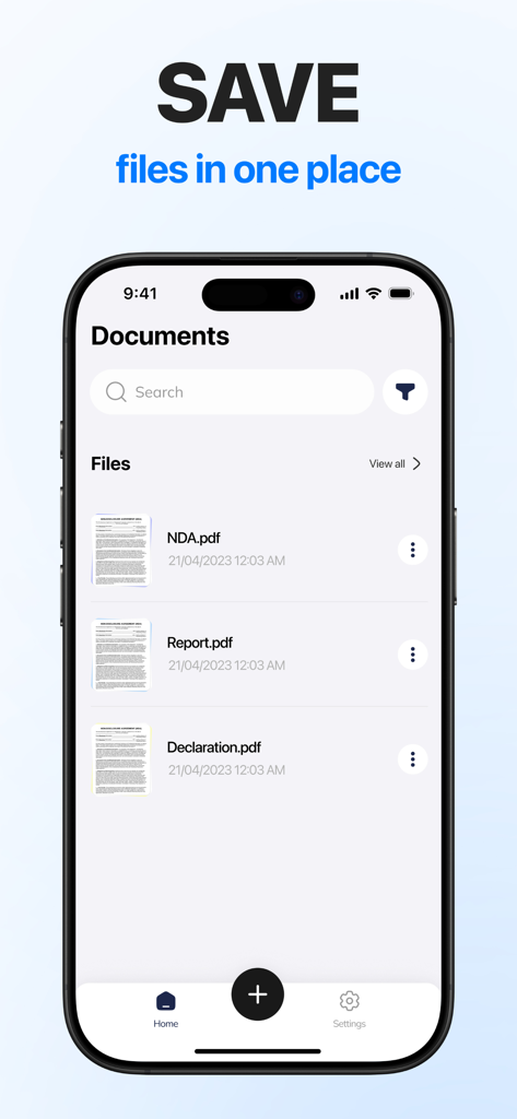 eSign: Fill, Sign Documents - Una pantalla de smartphone que muestra la lista de documentos de la aplicación eSign con archivos como NDA e informes organizados en un solo lugar.