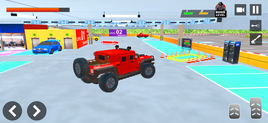 Prado Car Parking: Car Driving - Un SUV rojo navegando por un estacionamiento de varios niveles con gráficos 3D y controles en pantalla en un juego de simulación de estacionamiento.